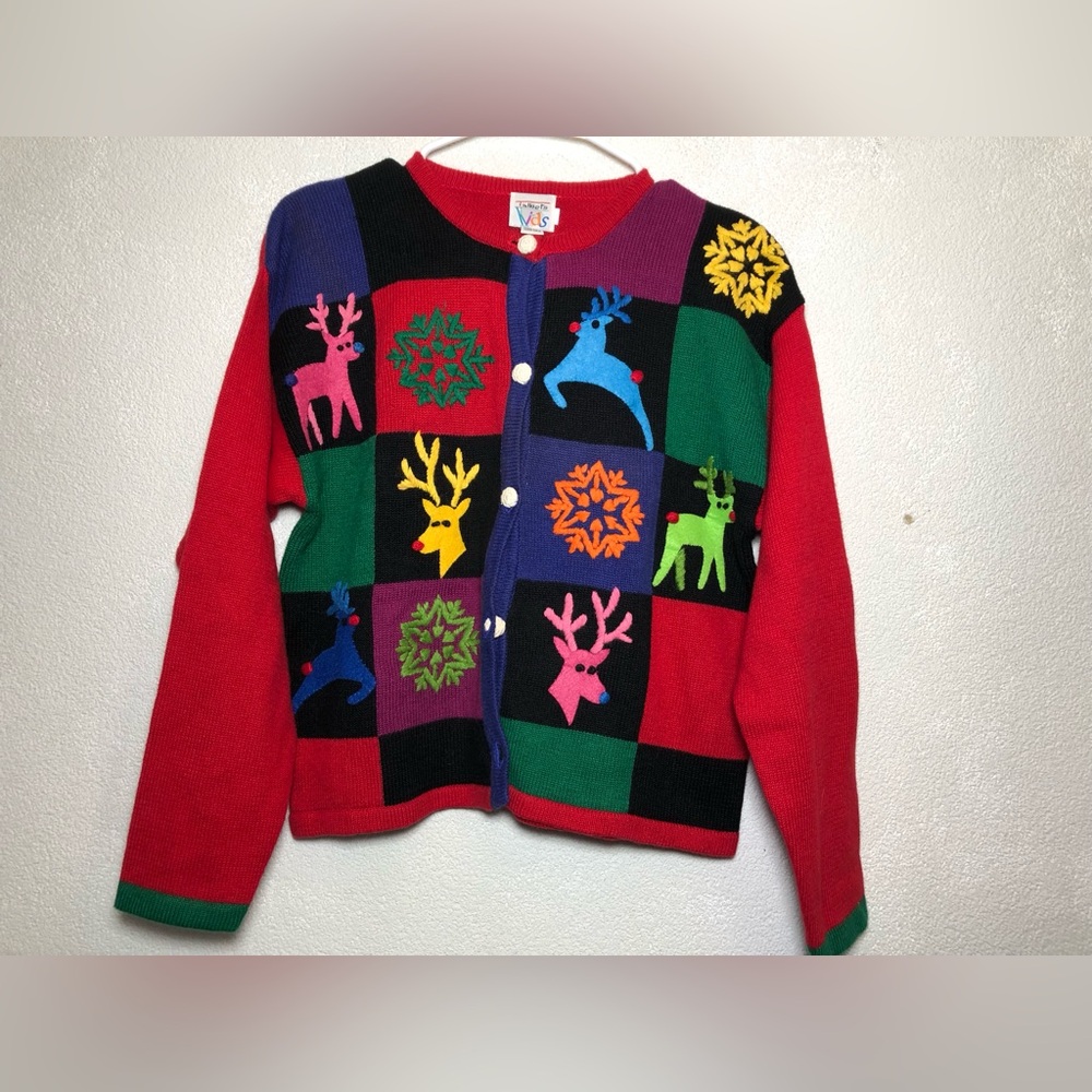 Talbots Multicolor Patchwork Reindeer Cardigan - Red, Green, Black